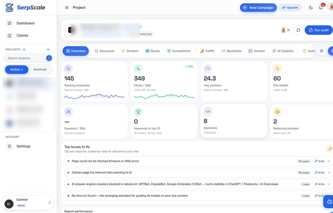 SerpScale rank tracking dashboard