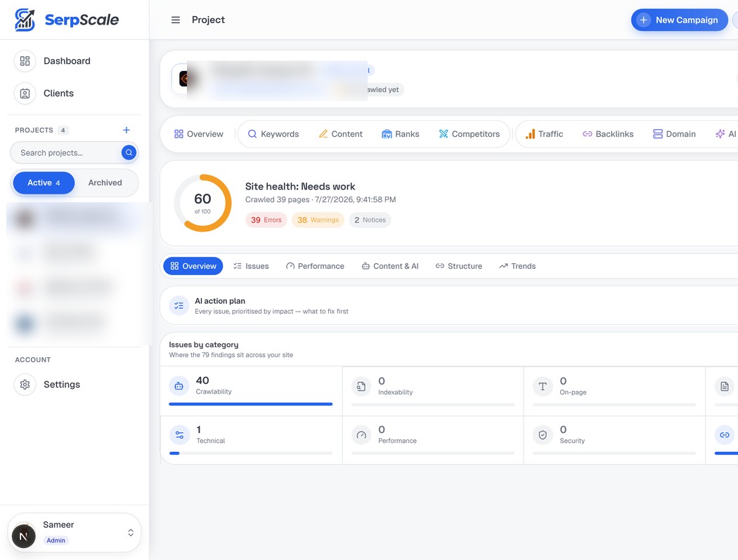 Site health score dashboard in SerpScale site audit tool