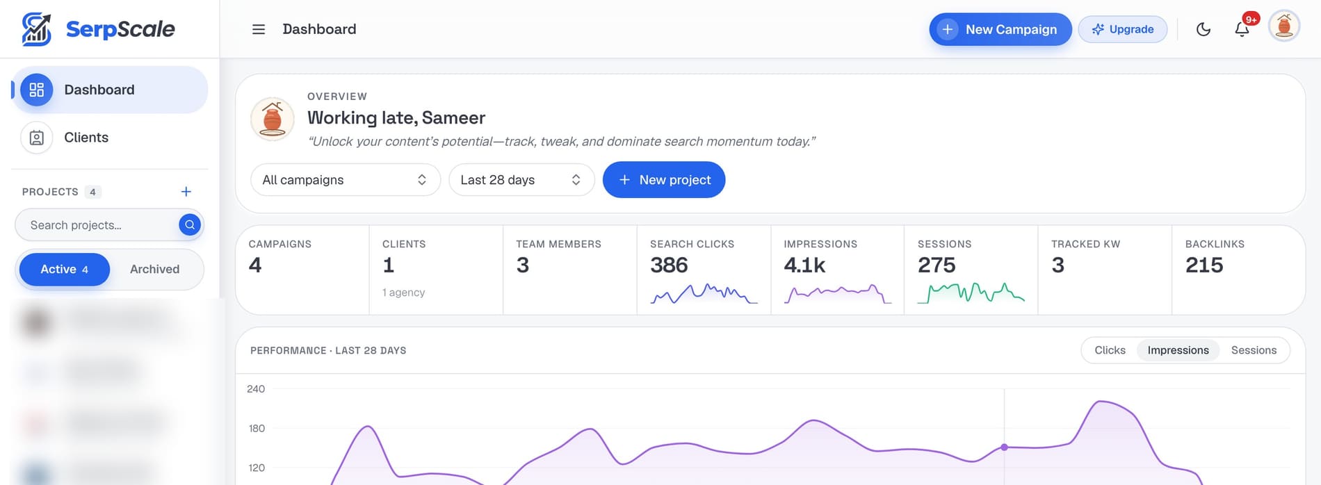 SerpScale SEO dashboard showing keyword rankings, site health and backlinks