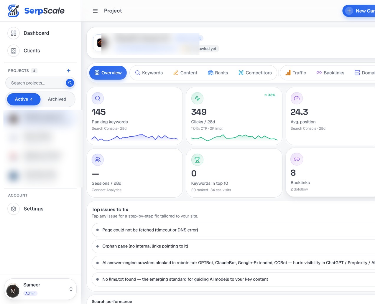 SerpScale rank tracker and site audit dashboard