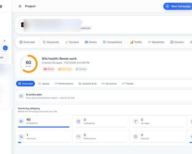 SerpScale SEO platform dashboard showing rank tracker and site audit