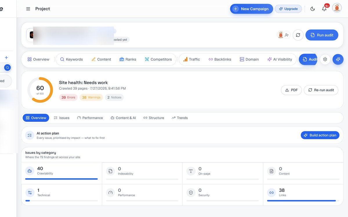 Site Audit screenshot in SerpScale