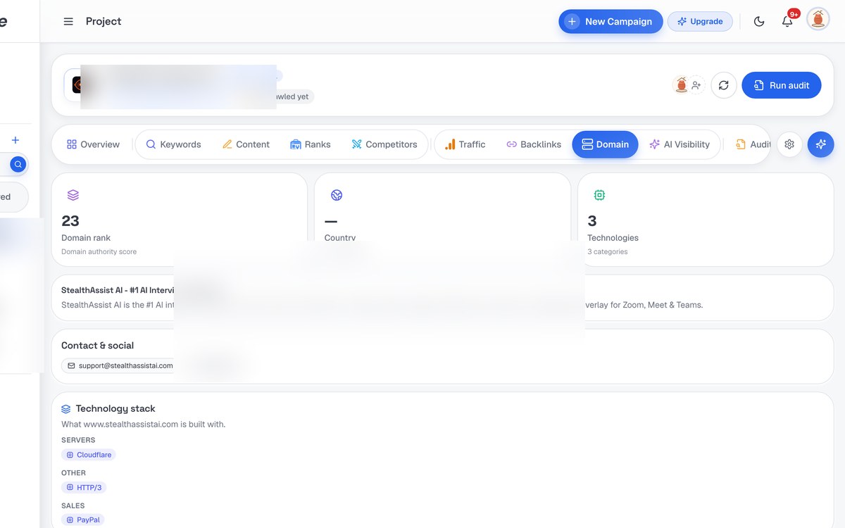 Domain Intelligence screenshot in SerpScale