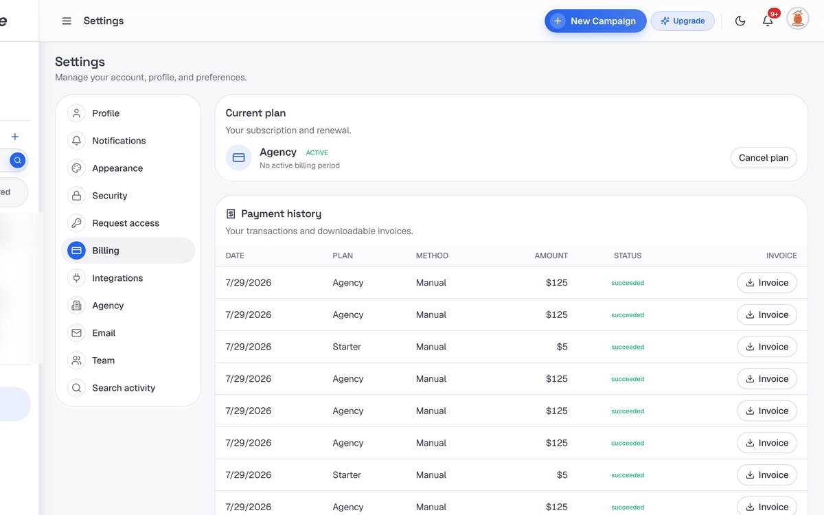 Billing & Invoices screenshot in SerpScale