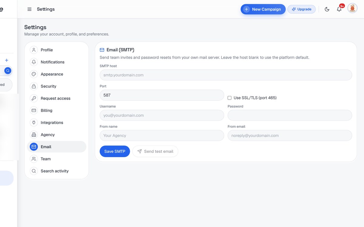 Custom SMTP Email screenshot in SerpScale