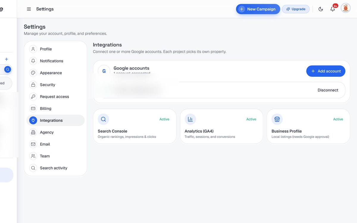 Google Integrations screenshot in SerpScale