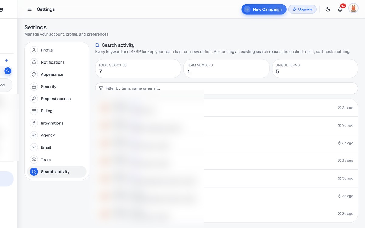 Search Activity Log screenshot in SerpScale