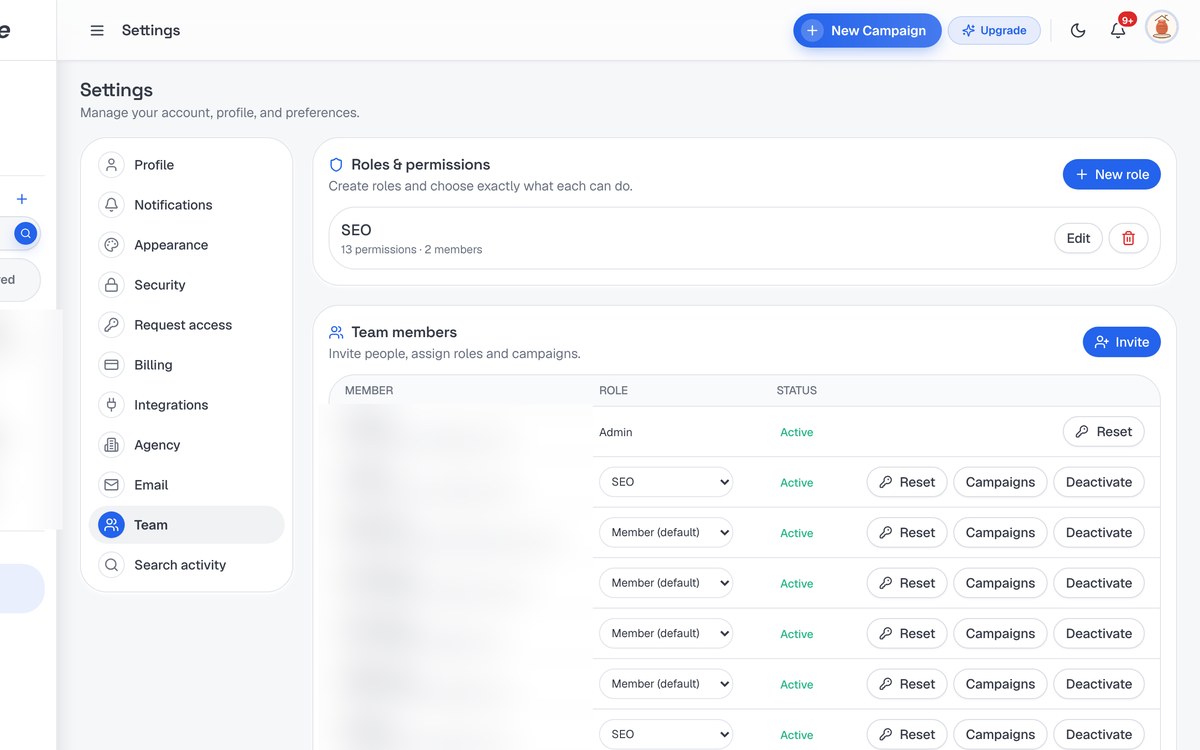 Team Management screenshot in SerpScale