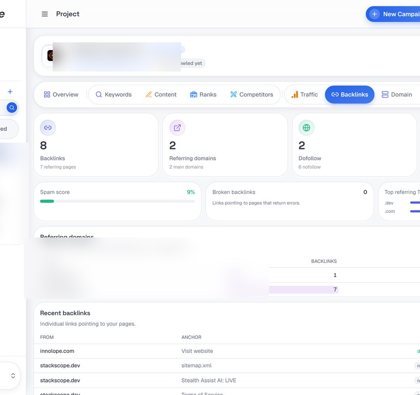 Backlink profile overview with referring domains in SerpScale
